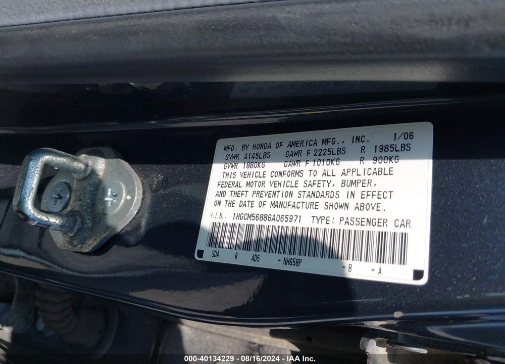 2006 HONDA ACCORD 2.4 EX VIN: 1HGCM56886A065971