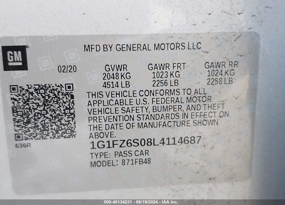 2020 CHEVROLET BOLT EV FWD PREMIER VIN: 1G1FZ6S08L4114687