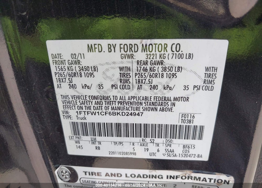 2011 FORD F-150 FX2 VIN: 1FTFW1CF6BKD24947