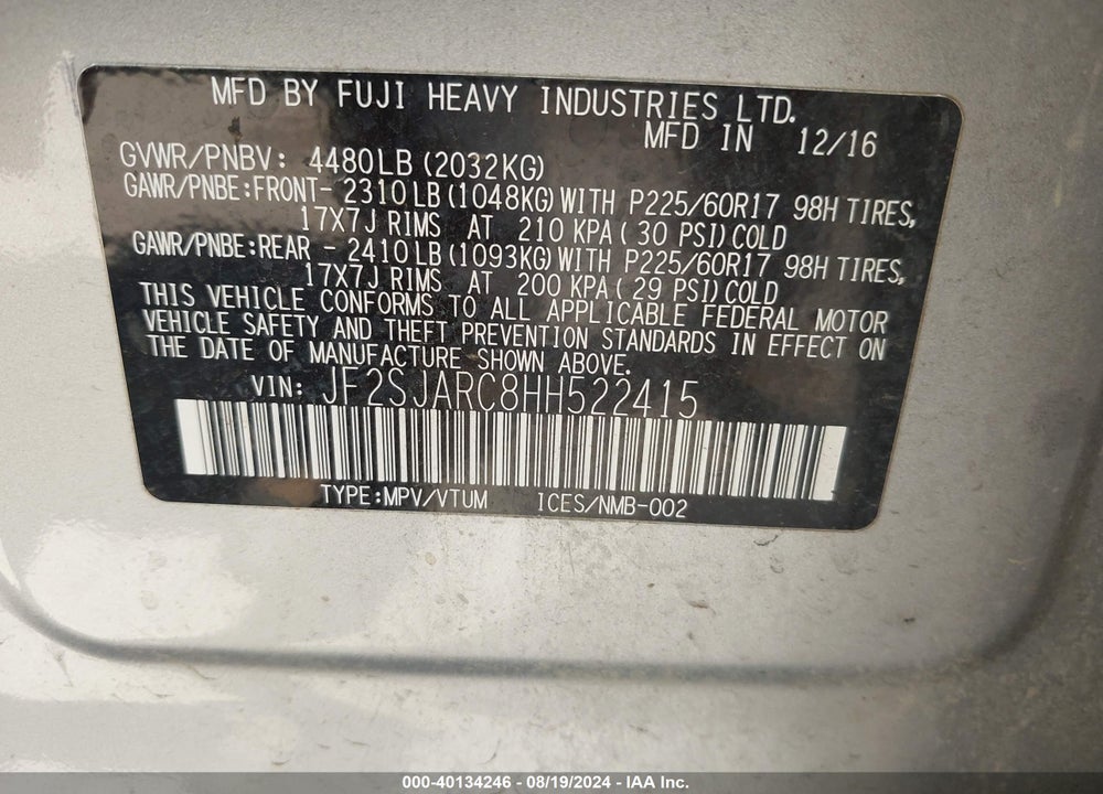 2017 SUBARU FORESTER 2.5I LIMITED VIN: JF2SJARC8HH522415
