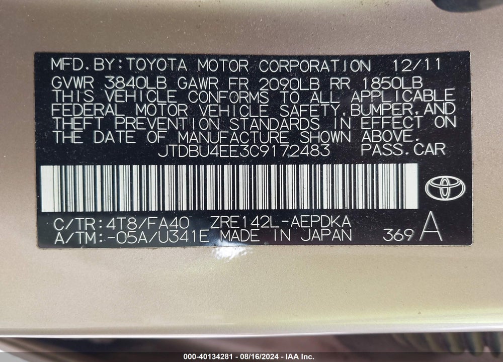 2012 TOYOTA COROLLA L VIN: JTDBU4EE3C9172483