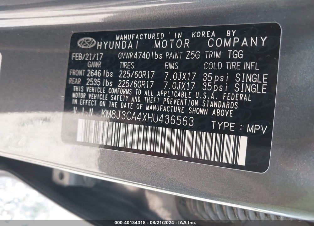2017 HYUNDAI TUCSON SE VIN: KM8J3CA4XHU436563