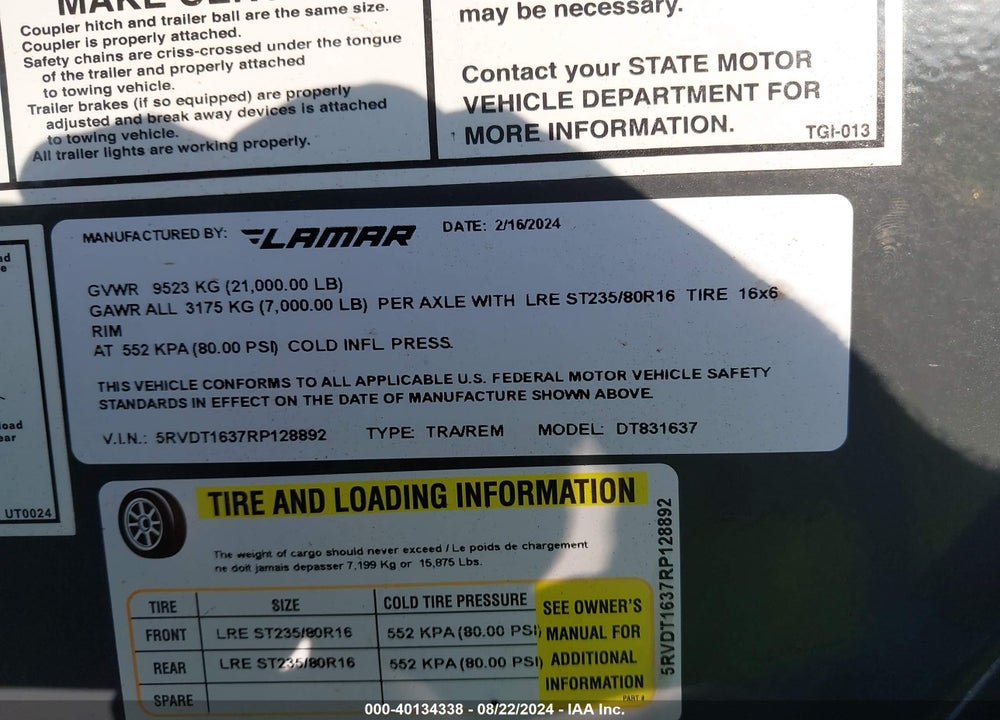 2024 LAMAR TRAILERS INC DT831637 TRI-AXLE DU VIN: 5RVDT1637RP128892