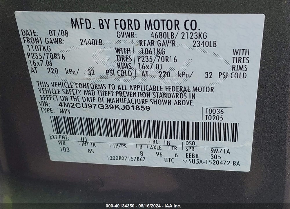 2009 MERCURY MARINER VIN: 4M2CU97G39KJ01859