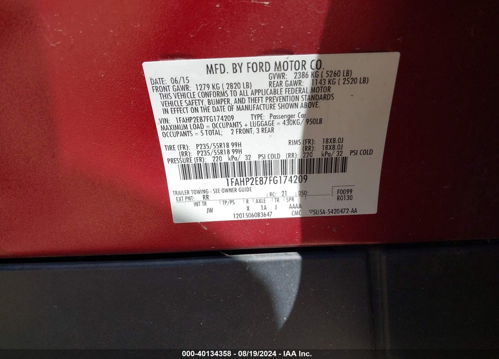 2015 FORD TAURUS SEL VIN: 1FAHP2E87FG174209