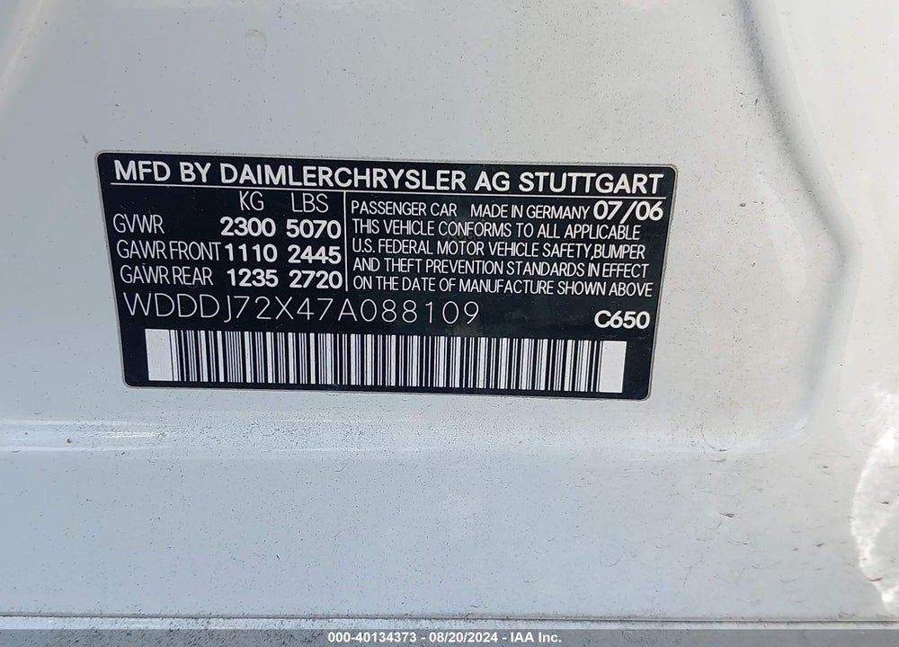 2007 MERCEDES-BENZ CLS 550 VIN: WDDDJ72X47A088109