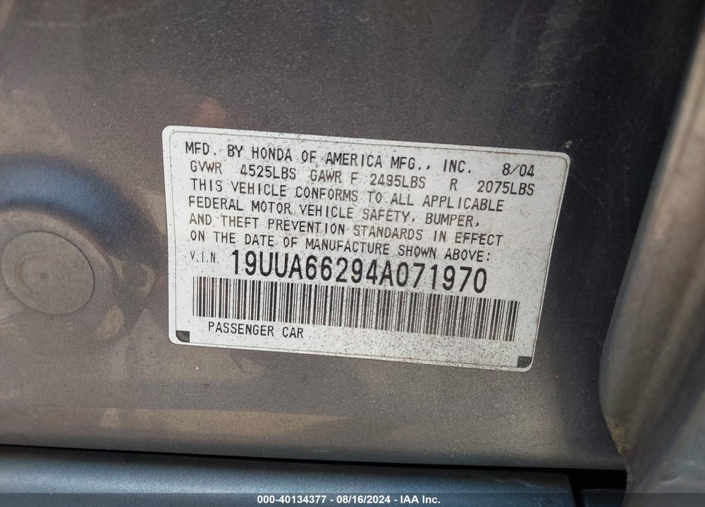 2004 ACURA TL VIN: 19UUA66294A071970