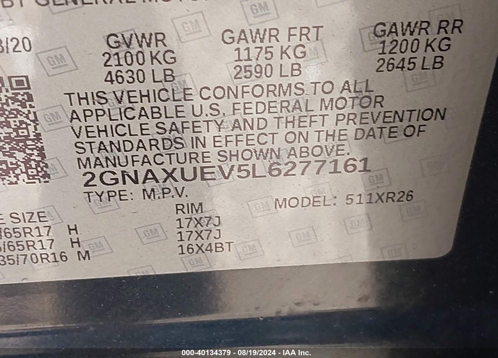 2020 CHEVROLET EQUINOX AWD LT 1.5L TURBO VIN: 2GNAXUEV5L6277161