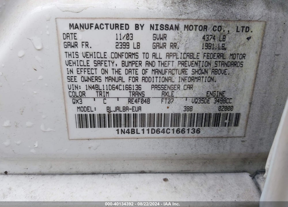 2004 NISSAN ALTIMA 3.5 SE VIN: 1N4BL11D64C166136
