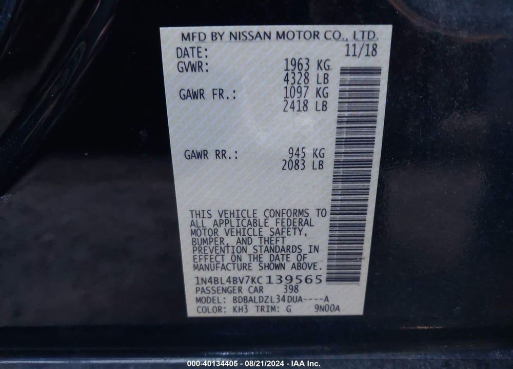 2019 NISSAN ALTIMA 2.5 S VIN: 1N4BL4BV7KC139565