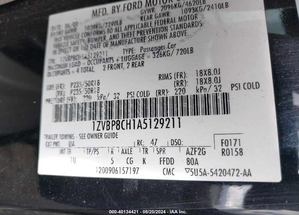 2010 FORD MUSTANG GT/GT PREMIUM VIN: 1ZVBP8CH1A5129211
