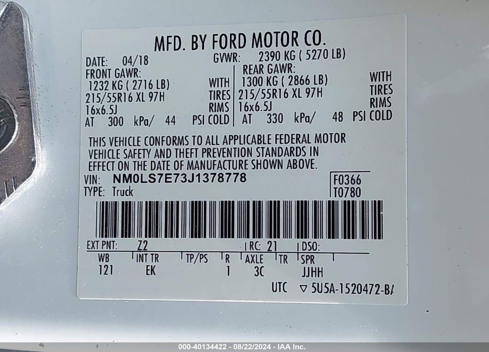 2018 FORD TRANSIT CONNECT XL VIN: NM0LS7E73J1378778