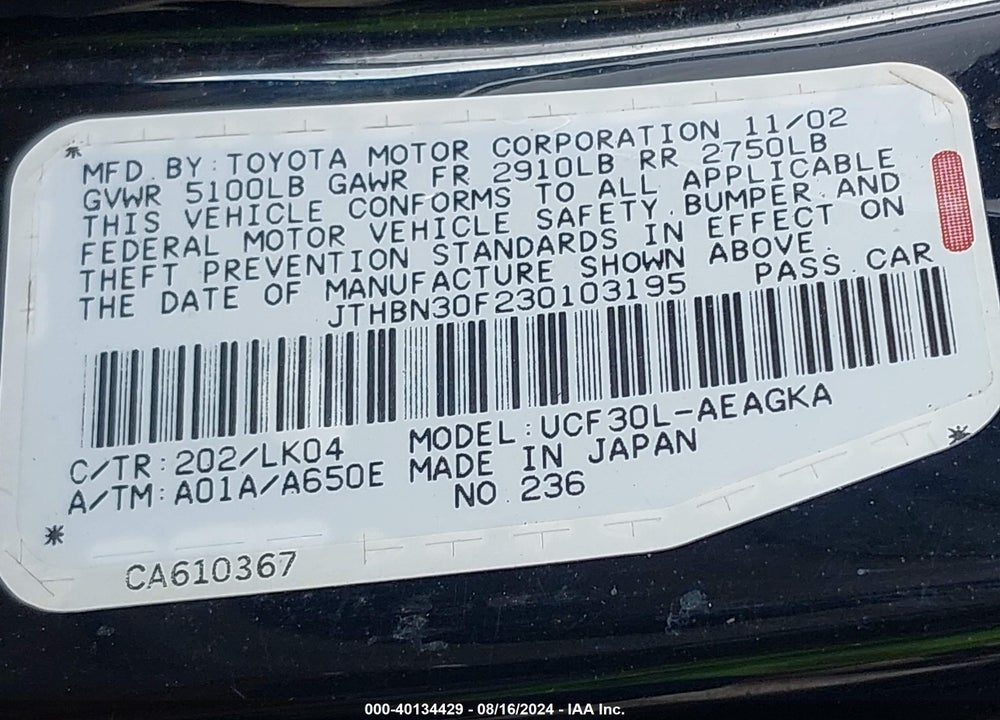 2003 LEXUS LS 430 VIN: JTHBN30F230103195