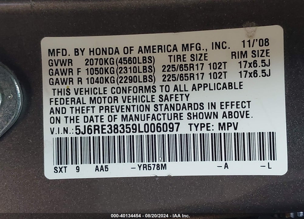 2009 HONDA CR-V LX VIN: 5J6RE38359L006097
