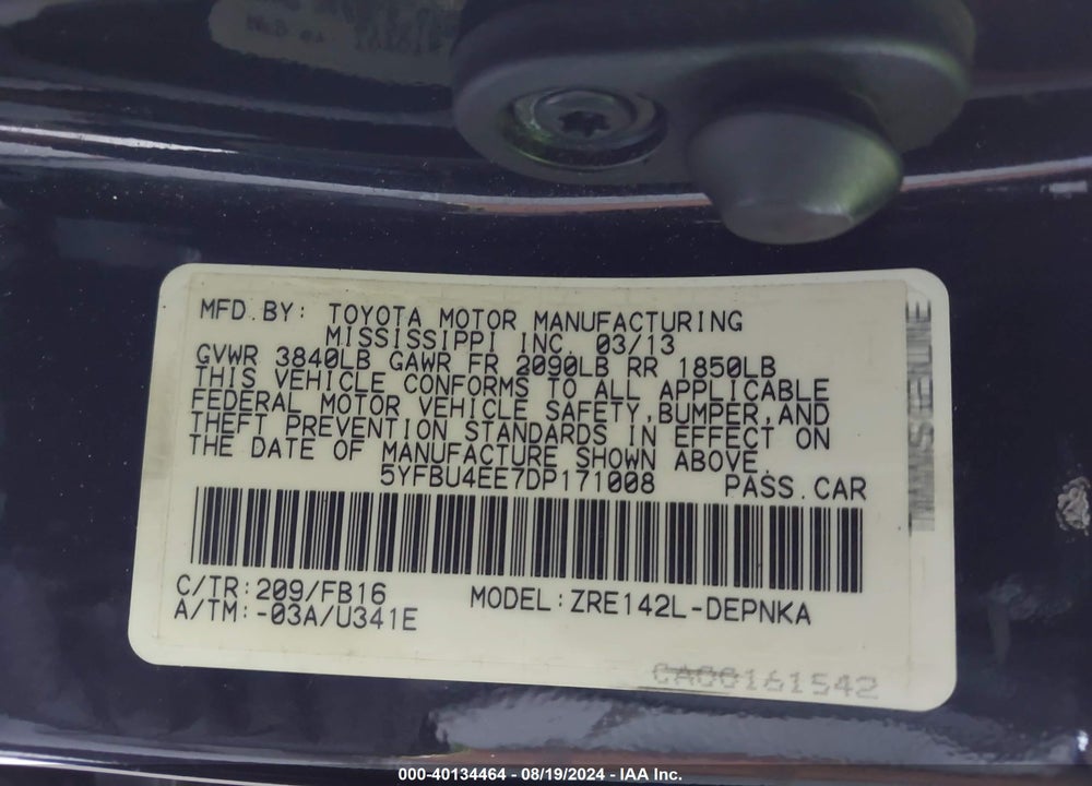 2013 TOYOTA COROLLA LE VIN: 5YFBU4EE7DP171008