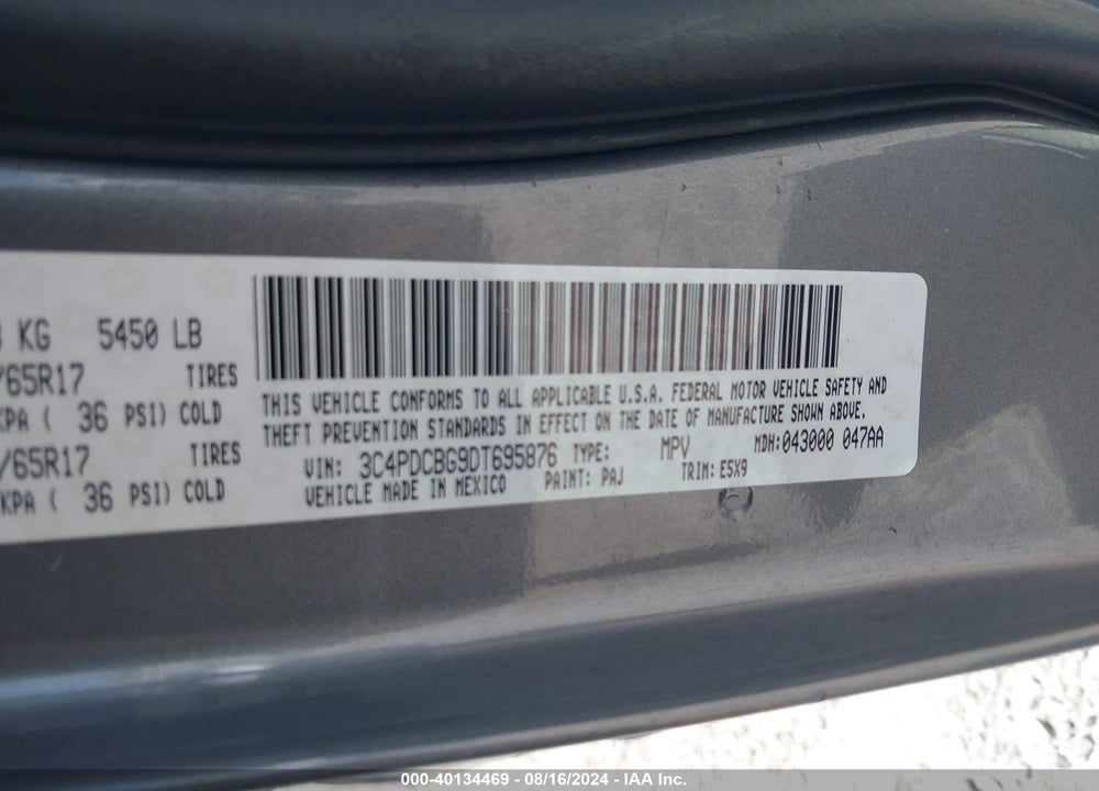 2013 DODGE JOURNEY SXT VIN: 3C4PDCBG9DT695876
