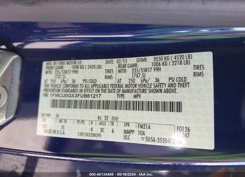 2015 FORD ESCAPE SE VIN: 1FMCU0GX3FUB61217