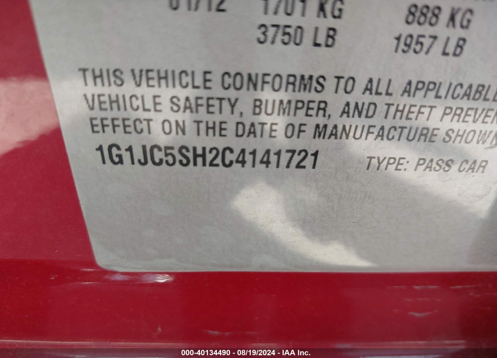 2012 CHEVROLET SONIC VIN: 1G1JC5SH2C4141721