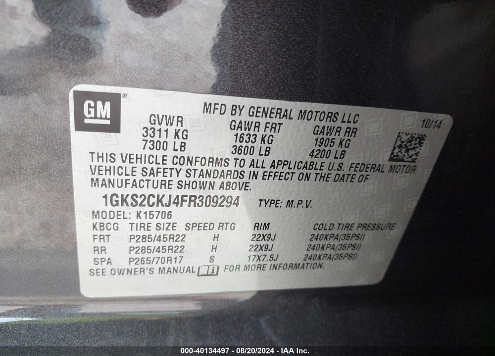 2015 GMC YUKON DENALI VIN: 1GKS2CKJ4FR309294