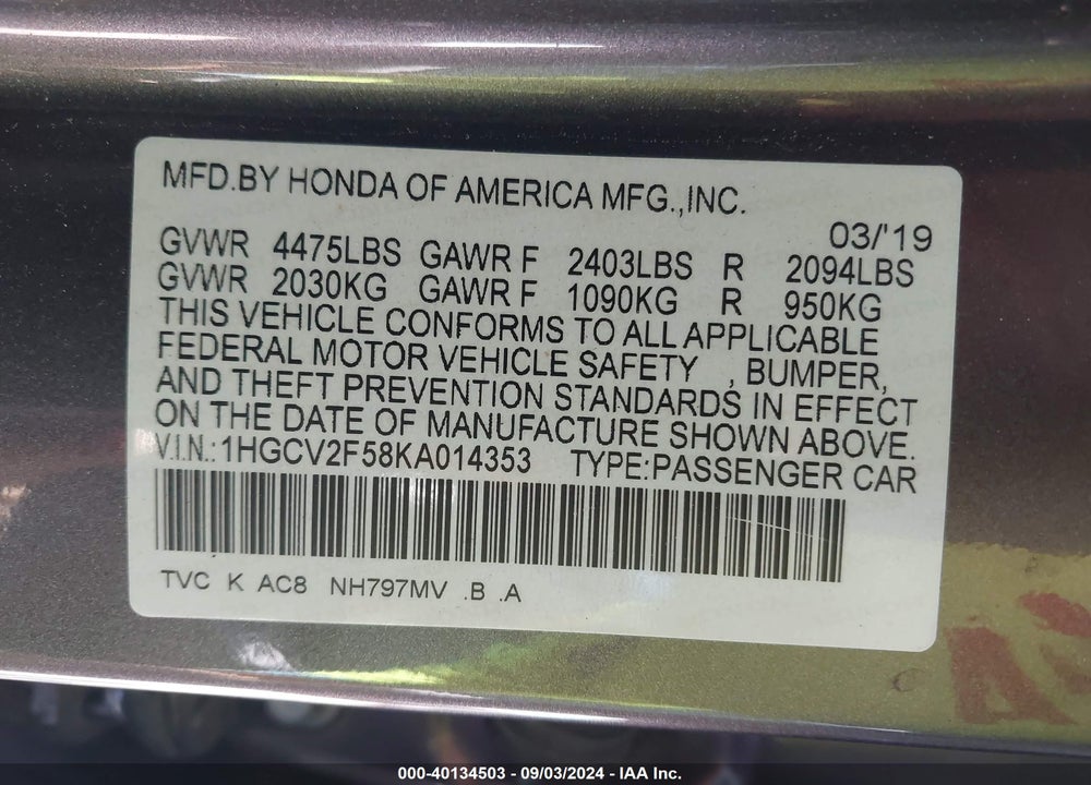 2019 HONDA ACCORD EX-L 2.0T VIN: 1HGCV2F58KA014353