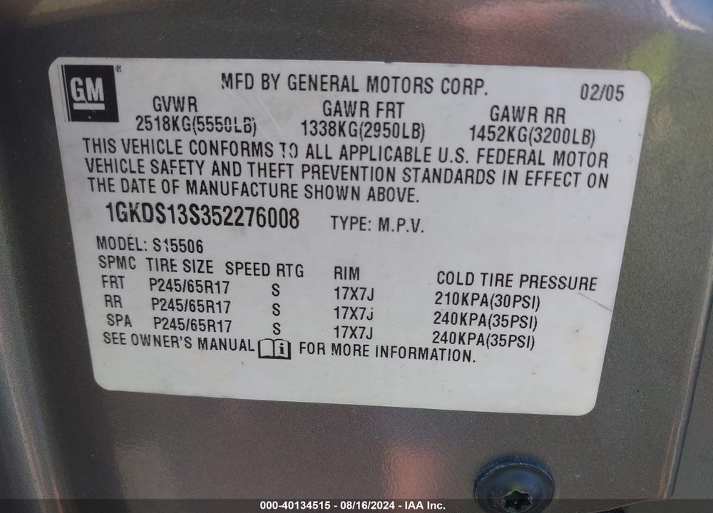 2005 GMC ENVOY SLT VIN: 1GKDS13S352276008
