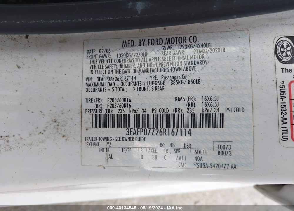 2006 FORD FUSION SE VIN: 3FAFP07Z26R167114