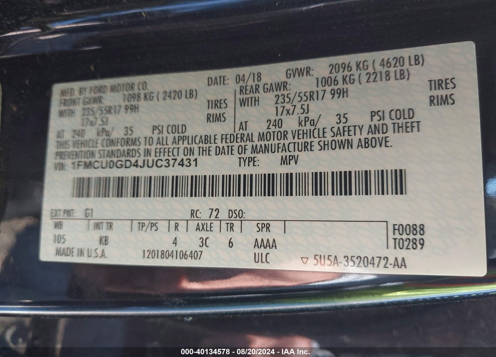 2018 FORD ESCAPE SE VIN: 1FMCU0GD4JUC37431