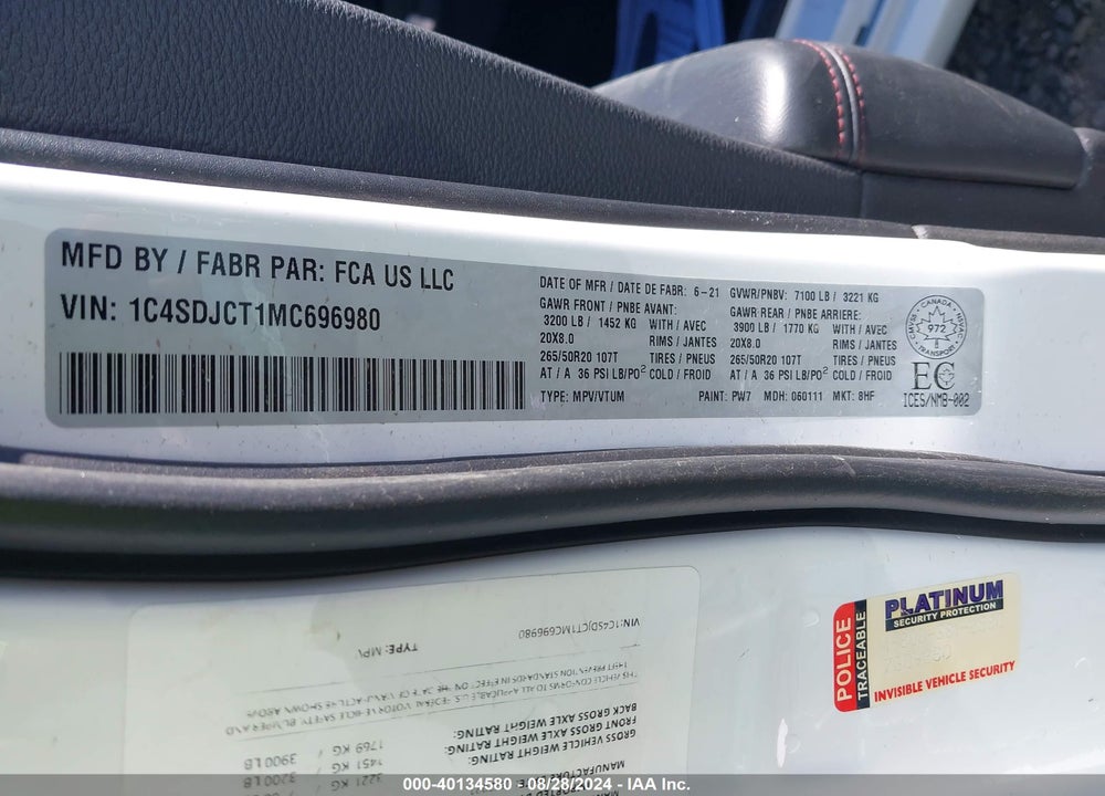 2021 DODGE DURANGO R/T VIN: 1C4SDJCT1MC696980