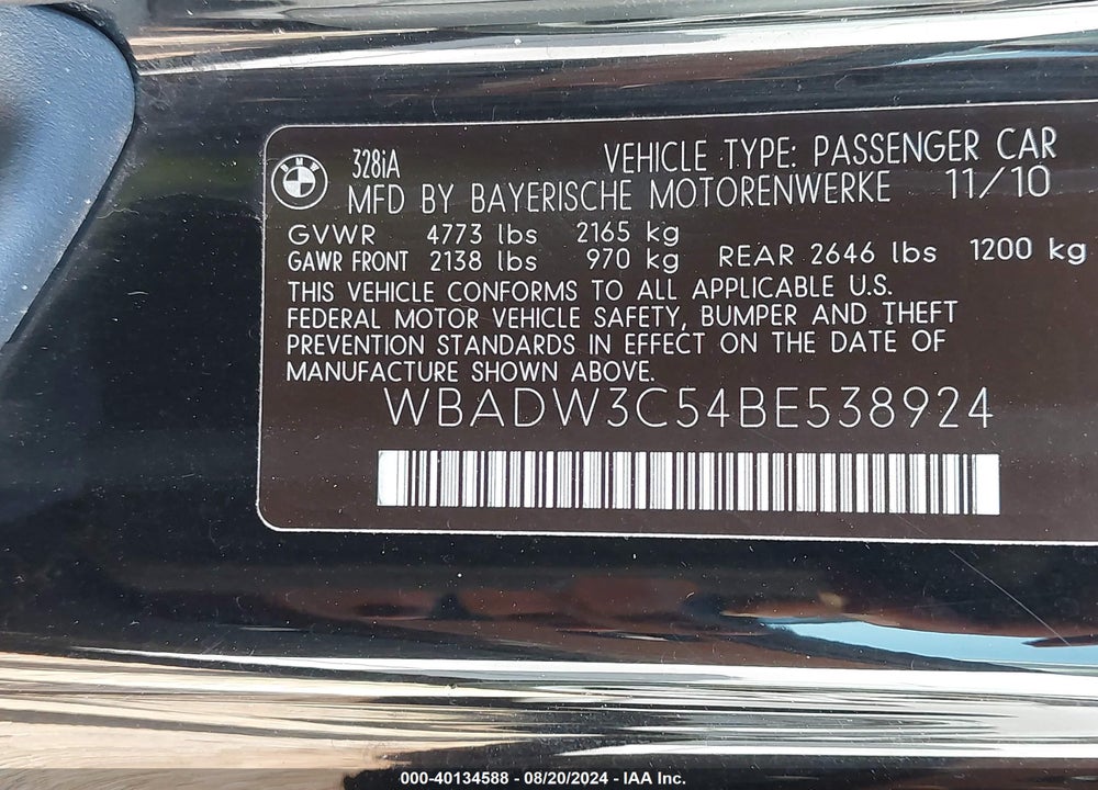 2011 BMW 328I VIN: WBADW3C54BE538924