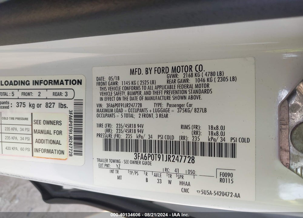 2018 FORD FUSION SE VIN: 3FA6P0T91JR247728