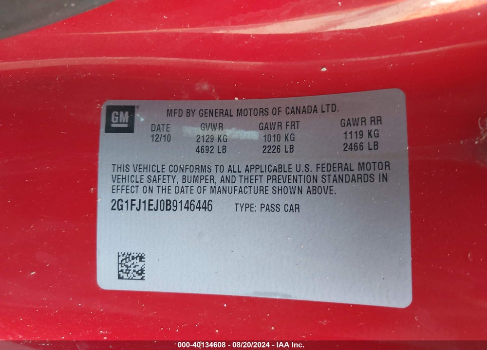2011 CHEVROLET CAMARO 1SS VIN: 2G1FJ1EJ0B9146446