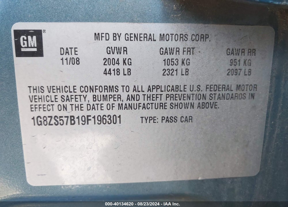 2009 SATURN AURA XE VIN: 1G8ZS57B19F196301