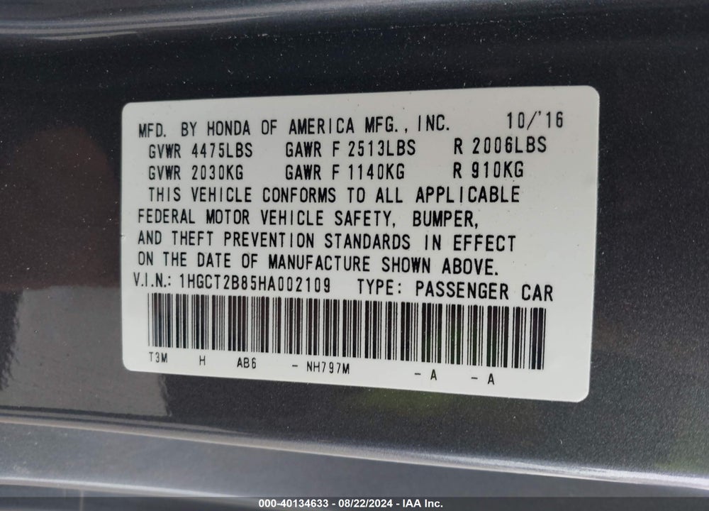 2017 HONDA ACCORD EXL VIN: 1HGCT2B85HA002109
