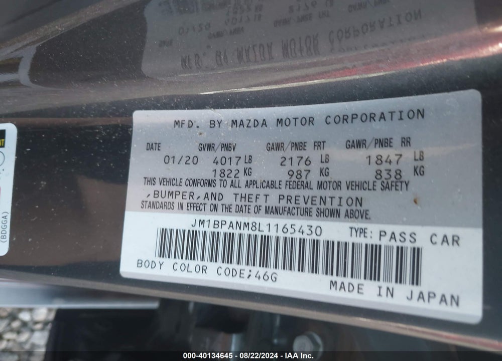 2020 MAZDA 3 PREMIUM PACKAGE VIN: JM1BPANM8L1165430
