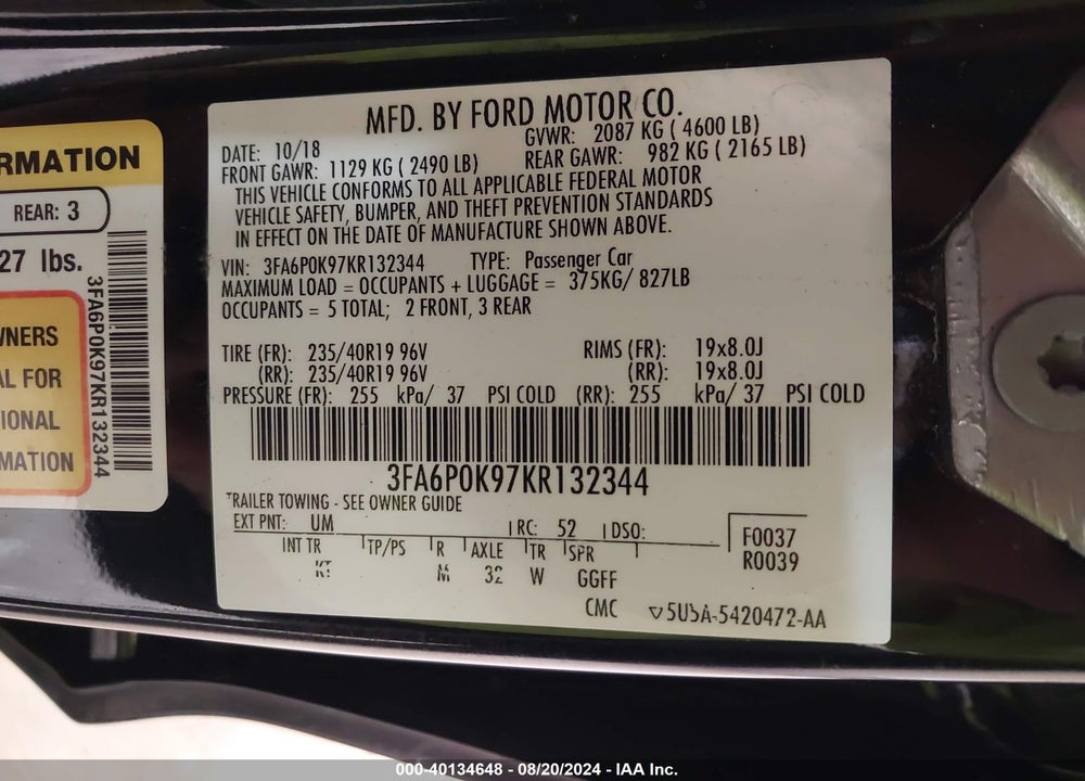 2019 FORD FUSION TITANIUM VIN: 3FA6P0K97KR132344