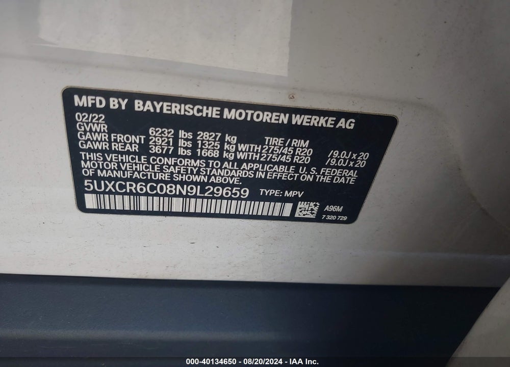2022 BMW X5 XDRIVE40I VIN: 5UXCR6C08N9L29659