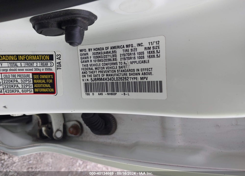 2013 HONDA CR-V LX VIN: 5J6RM4H34DL026262