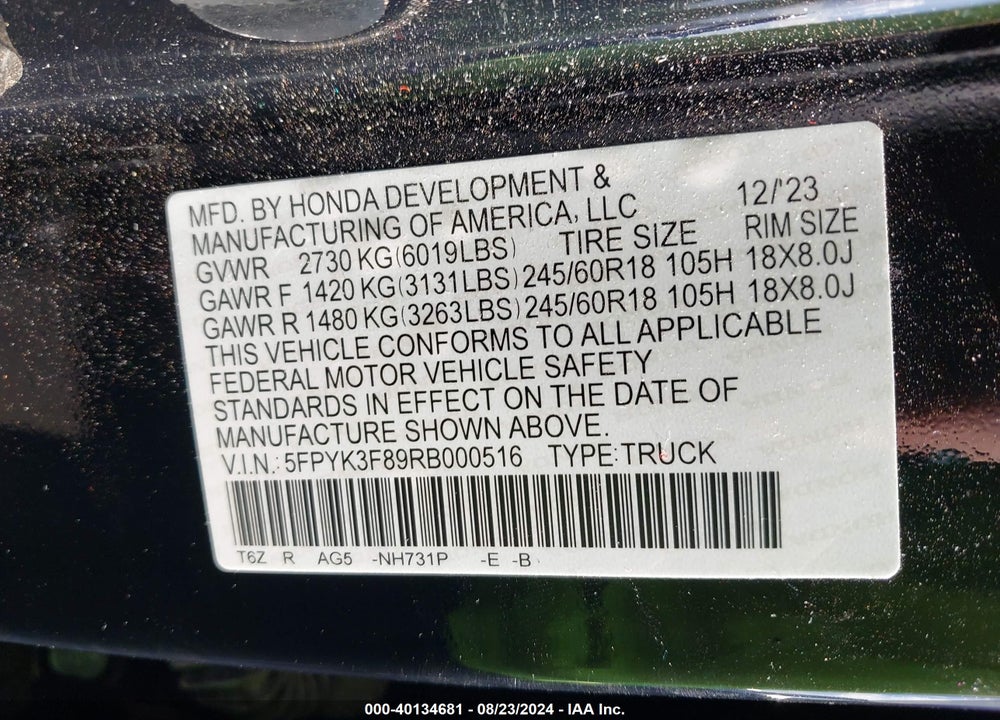2024 HONDA RIDGELINE BLACK EDITION VIN: 5FPYK3F89RB000516
