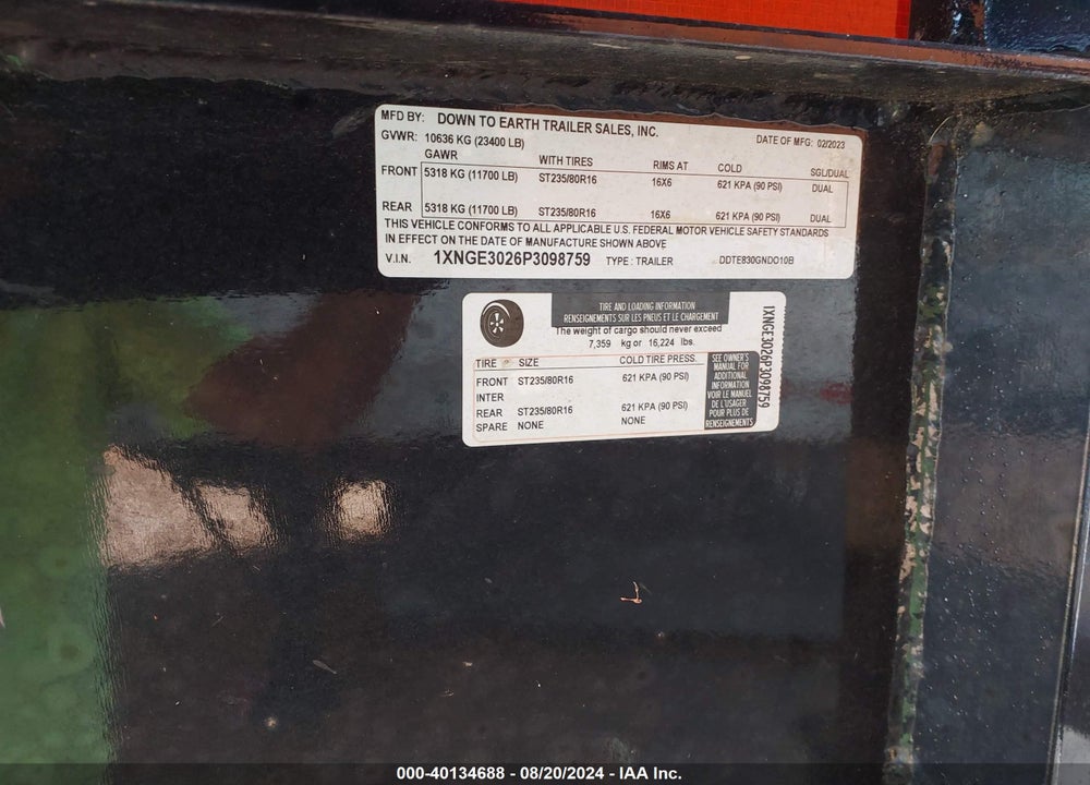 2023 GOOSENECK TRAILER VIN: 1XNGE3026P3098759