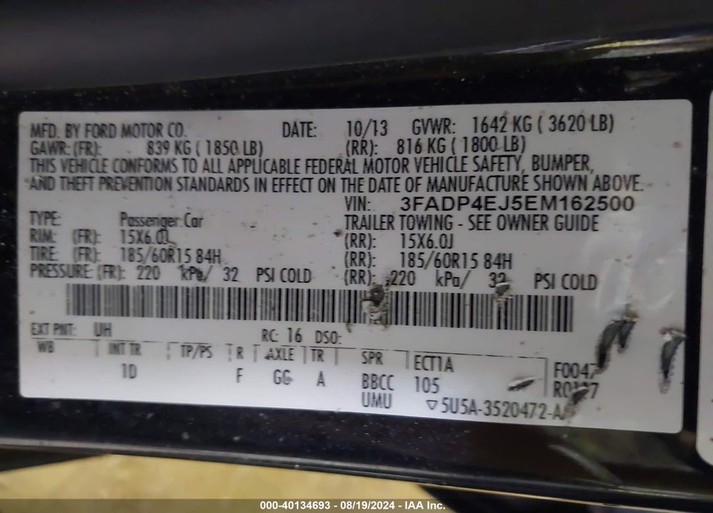 2014 FORD FIESTA SE VIN: 3FADP4EJ5EM162500