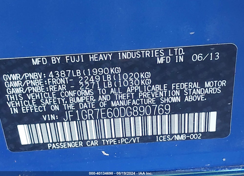 2013 SUBARU IMPREZA WRX VIN: JF1GR7E60DG890769
