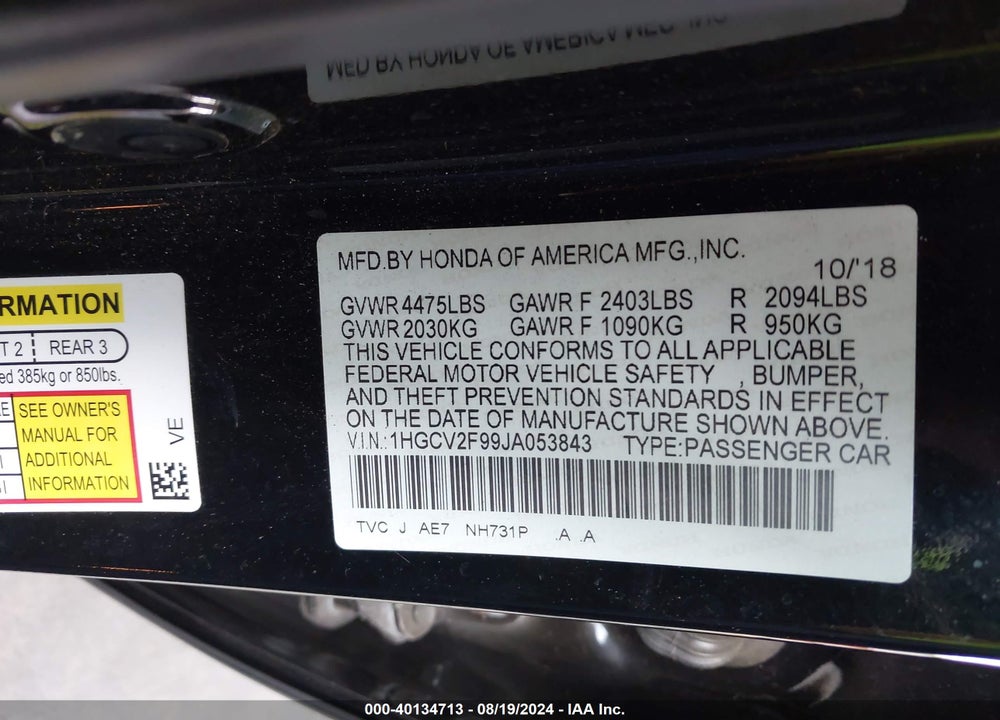 2018 HONDA ACCORD VIN: 1HGCV2F99JA053843