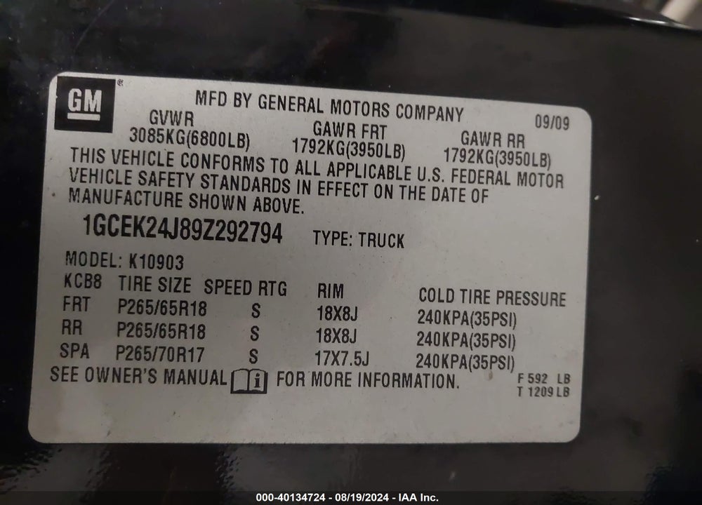 2009 CHEVROLET SILVERADO 1500 VIN: 1GCEK24J89Z292794