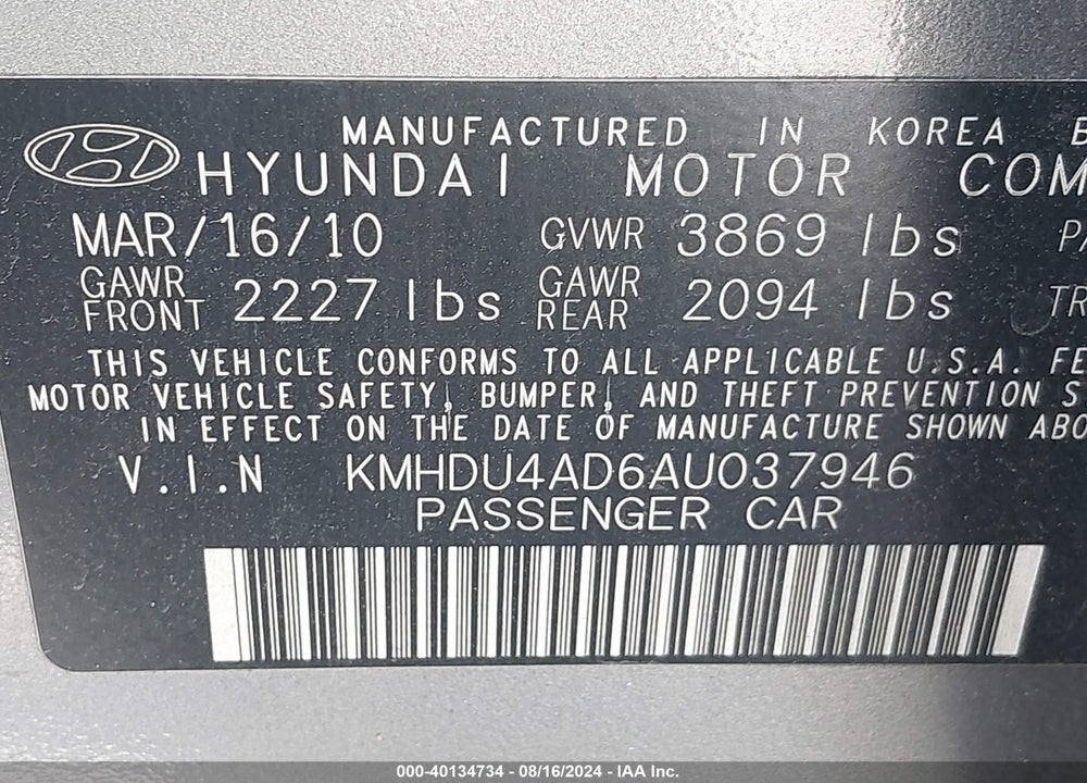2010 HYUNDAI ELANTRA VIN: KMHDU4AD6AU037946