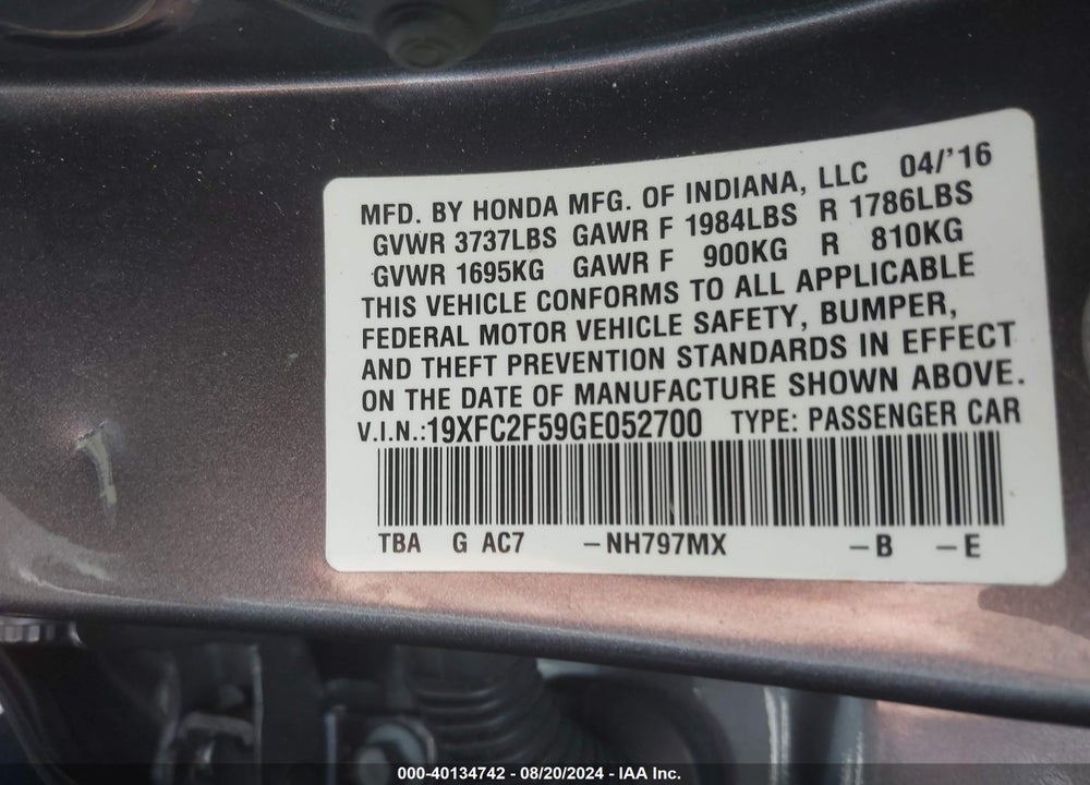 2016 HONDA CIVIC VIN: 19XFC2F59GE052700