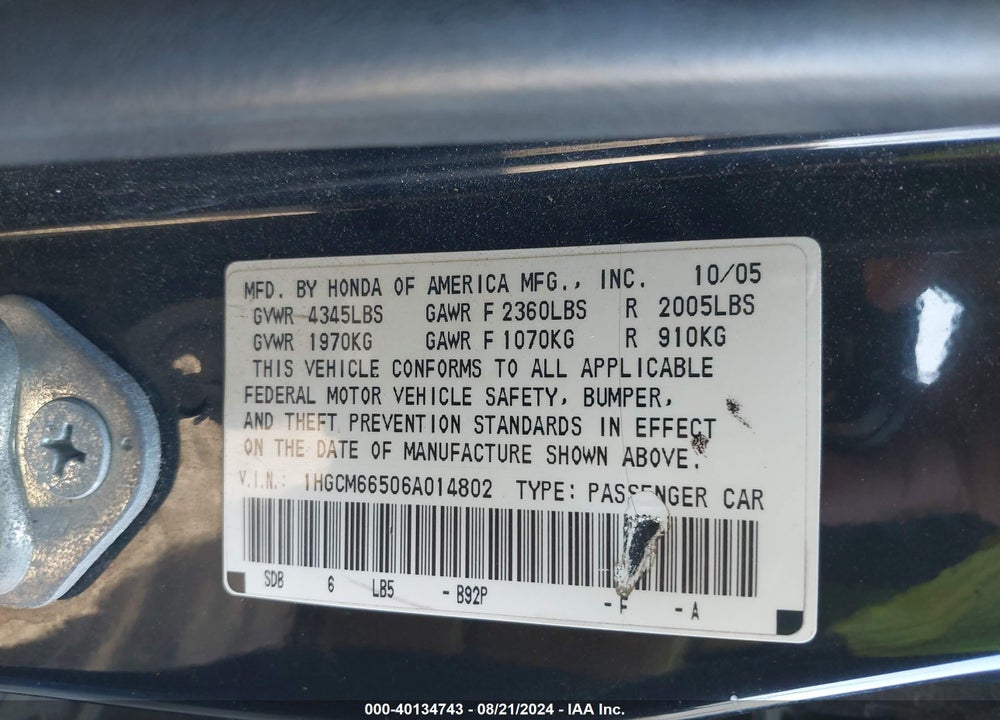 2006 HONDA ACCORD 3.0 EX VIN: 1HGCM66506A014802