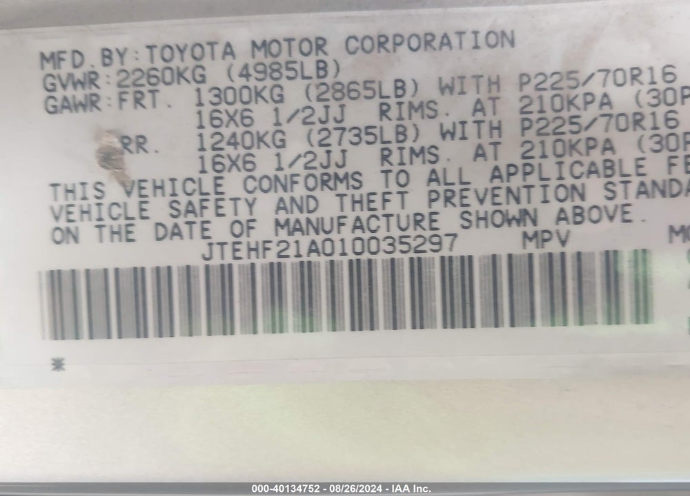 2001 TOYOTA HIGHLANDER V6 VIN: JTEHF21A010035297