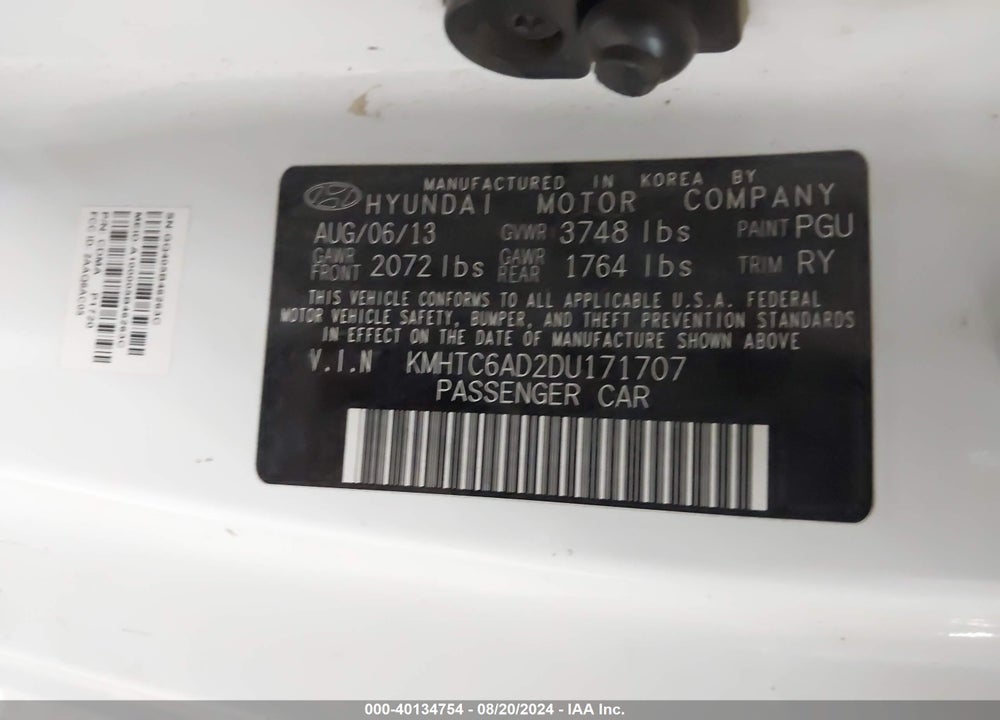 2013 HYUNDAI VELOSTER BASE W/BLACK VIN: KMHTC6AD2DU171707