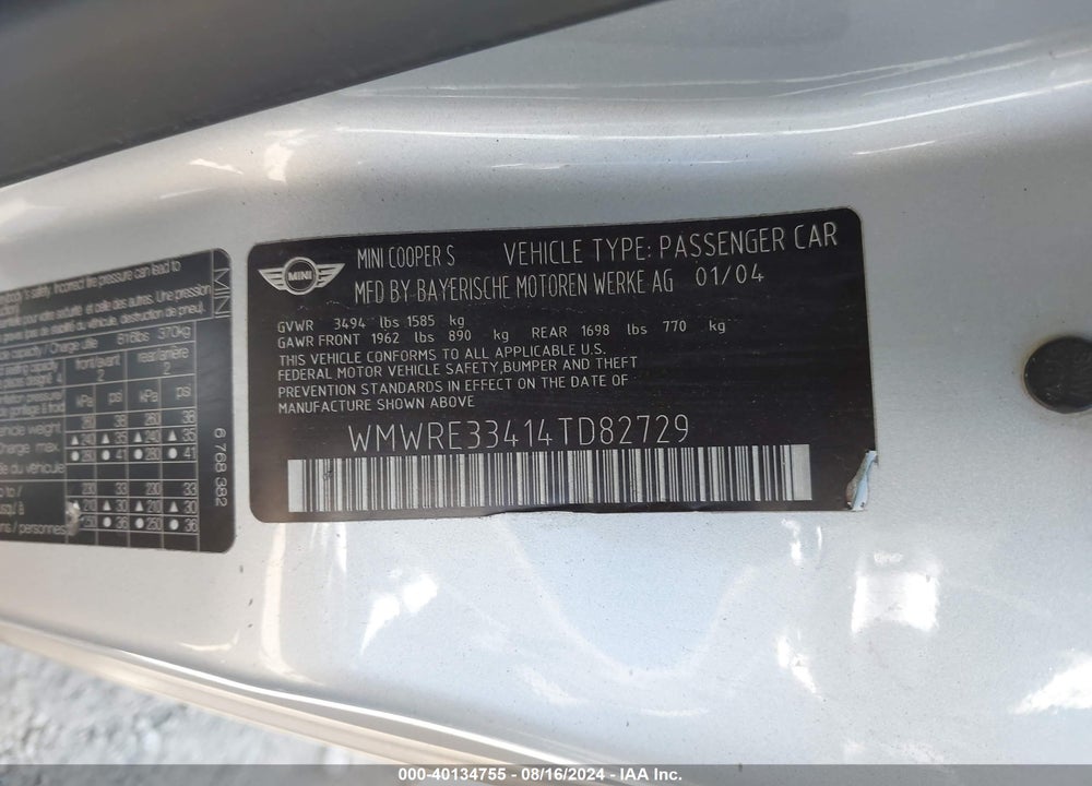 2004 MINI COOPER S VIN: WMWRE33414TD82729