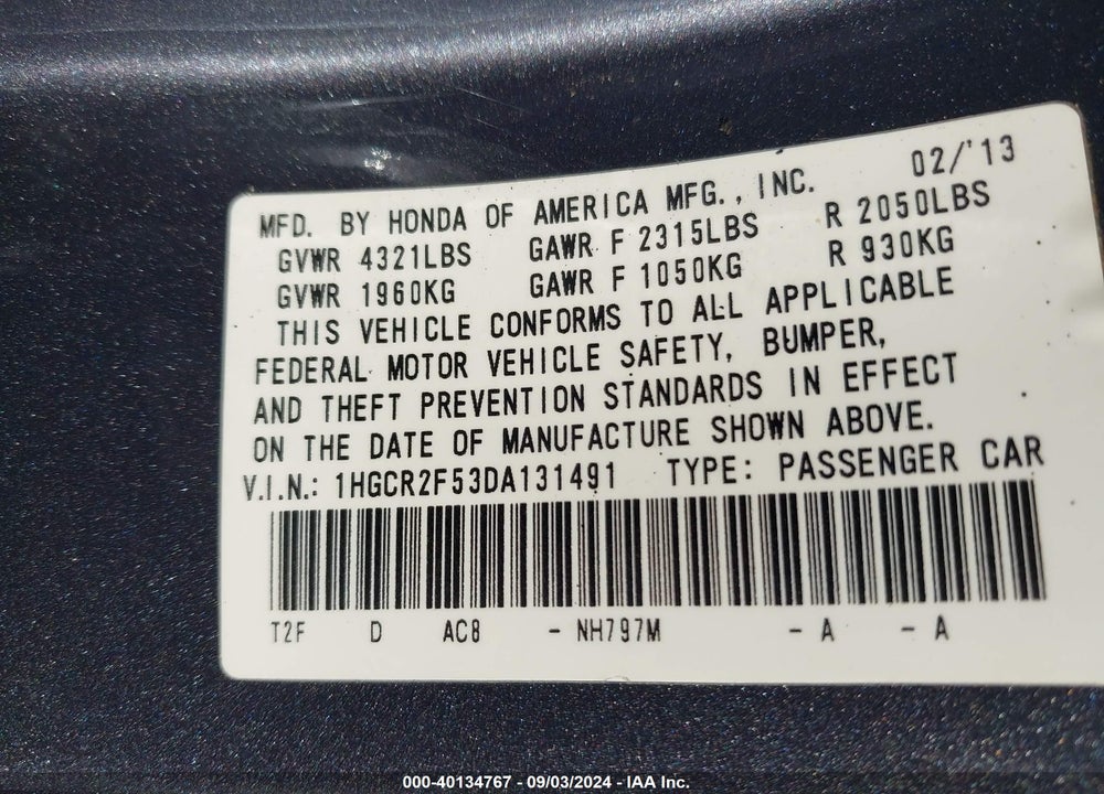 2013 HONDA ACCORD SPORT VIN: 1HGCR2F53DA131491